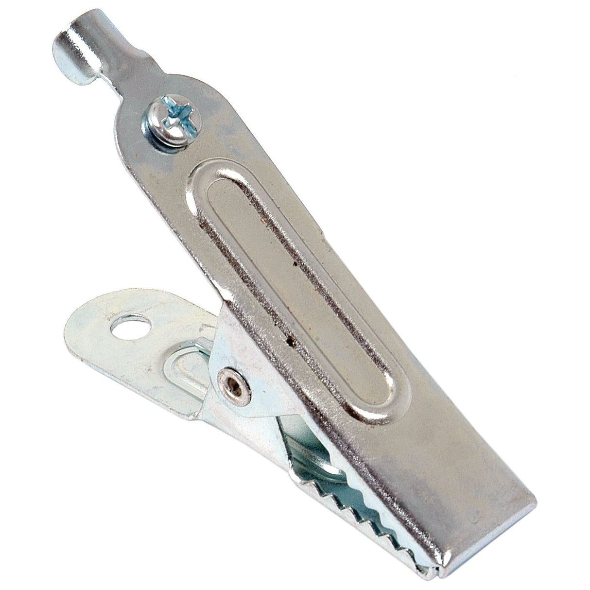 Close-up of a metallic crocodile clip with a screw mechanism on a white background, ideal for various electrical applications and Sparex equipment. Capable of handling 25 amps, this versatile part can be identified by its Sparex Part No. S.8868 for easy replacement.