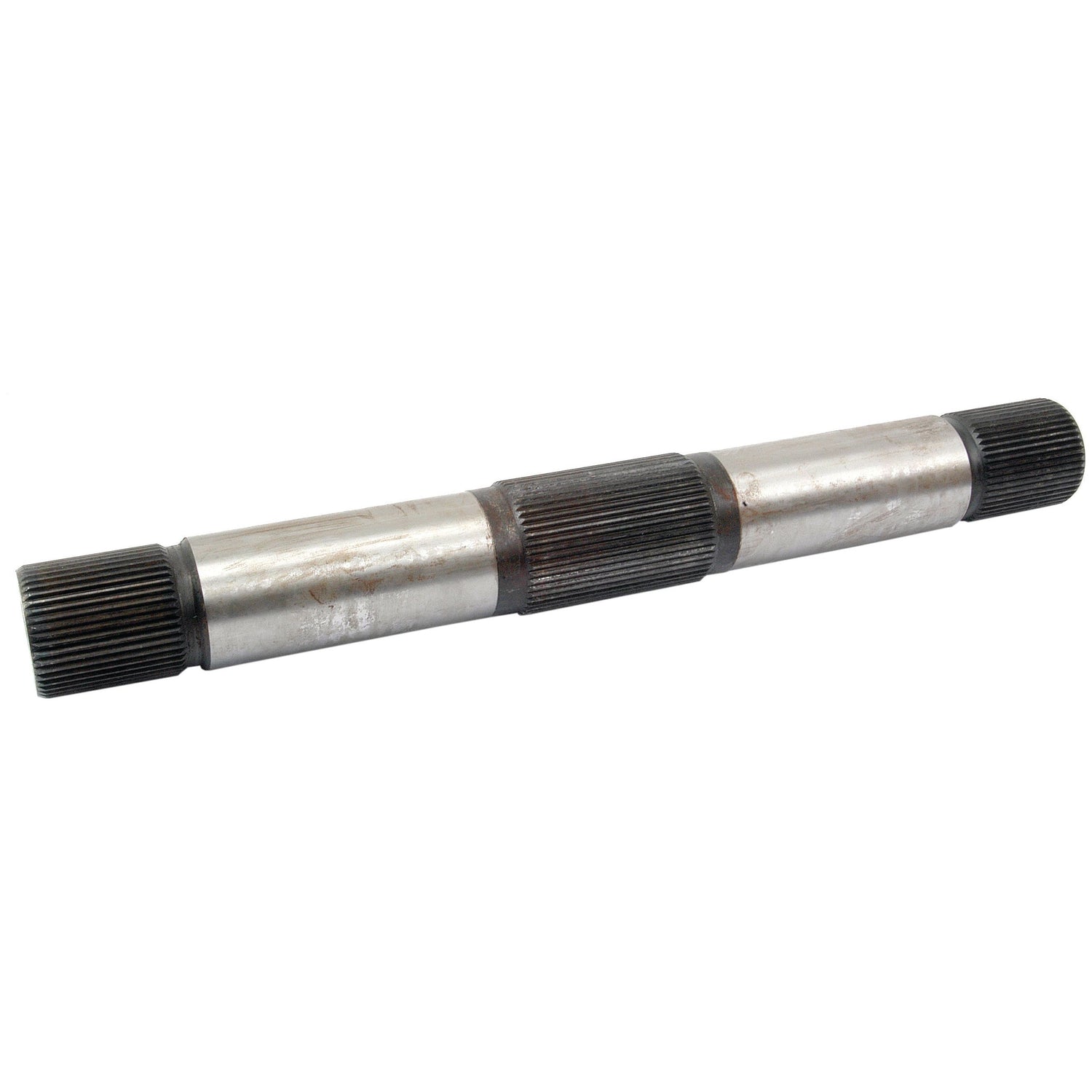 The Sparex Cross Shaft | Sparex Part No. S.66204 is a metallic cylindrical shaft featuring gear-like structures on both ends and a central section with signs of wear, suitable for Ford / New Holland applications.
