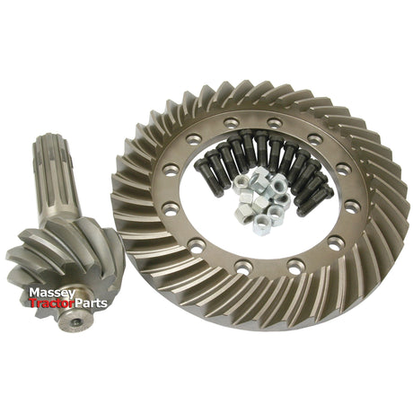 Close-up of tractor parts including a Sparex Crown Wheel and Pinion (Sparex Part No. S.41344) with a set of bolts and nuts. The image has the text "Massey Tractor Parts" on the pinion gear, ideal for Massey Ferguson models.