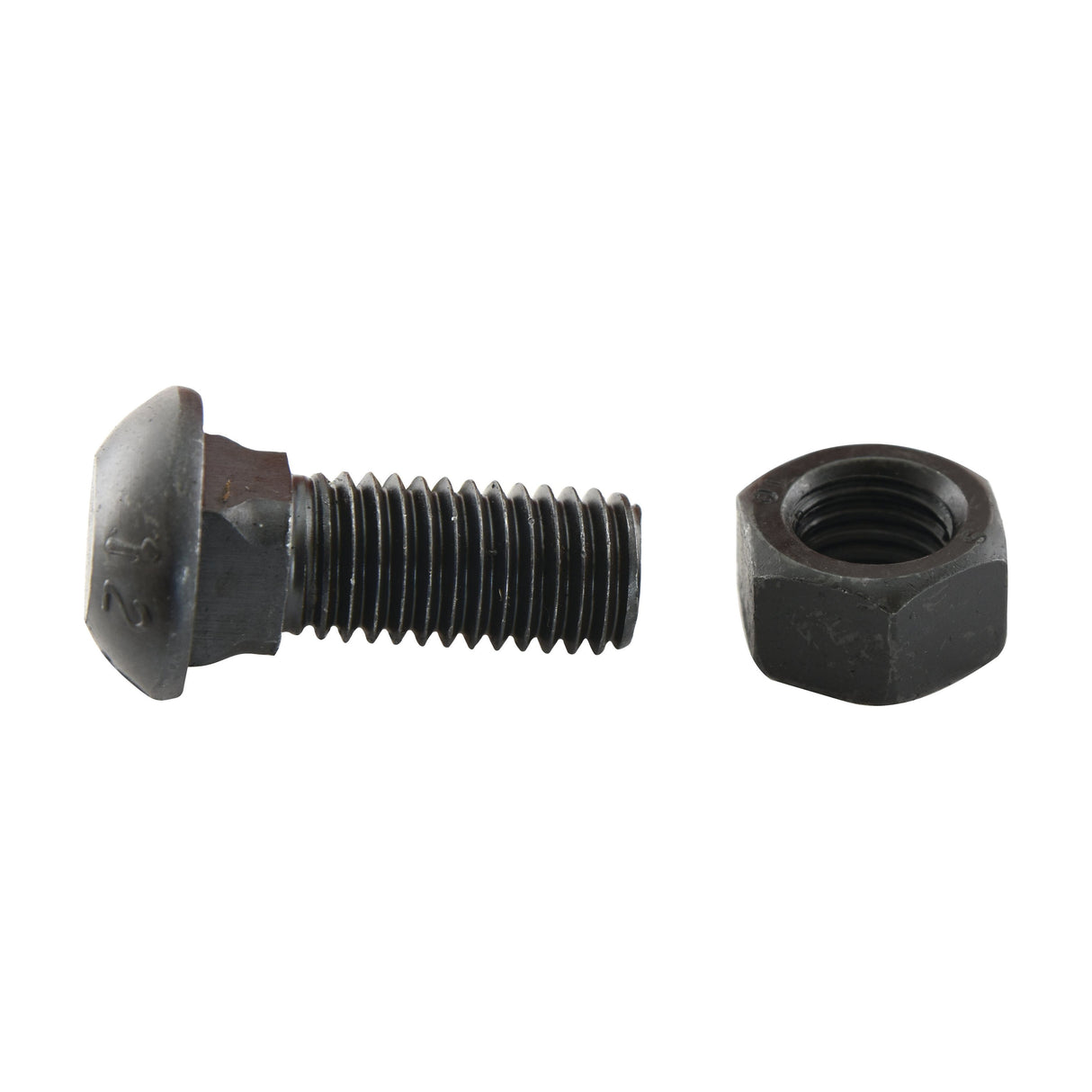 A Cup Head Bolt (TBCC) - M12 x 30mm from Sparex with a tensile strength of 12.9 and a hex nut are placed next to each other on a white background.