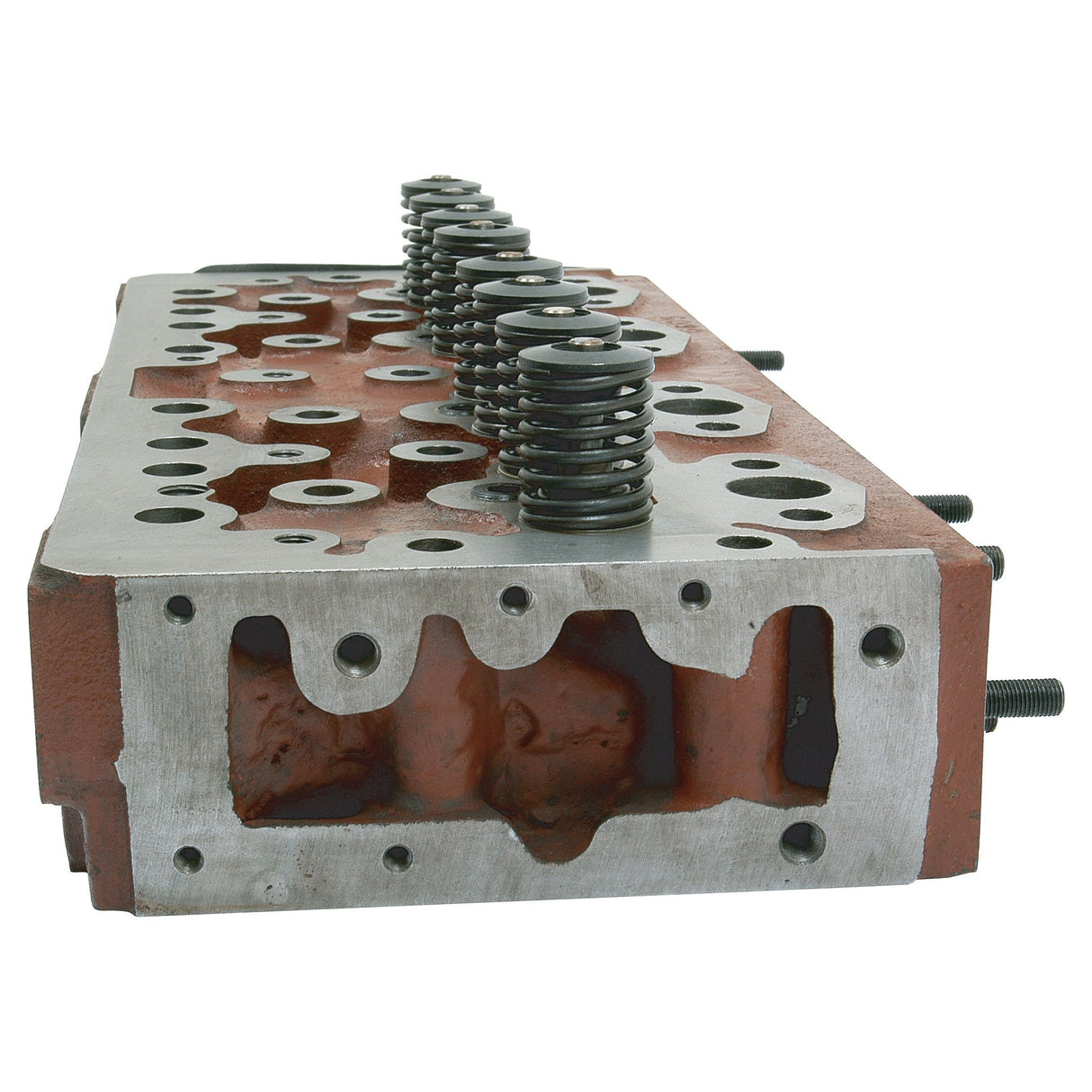 A close-up of the Sparex Cylinder Head Assembly - S.42496, featuring multiple valves and springs, showcasing its intricate design and structure.