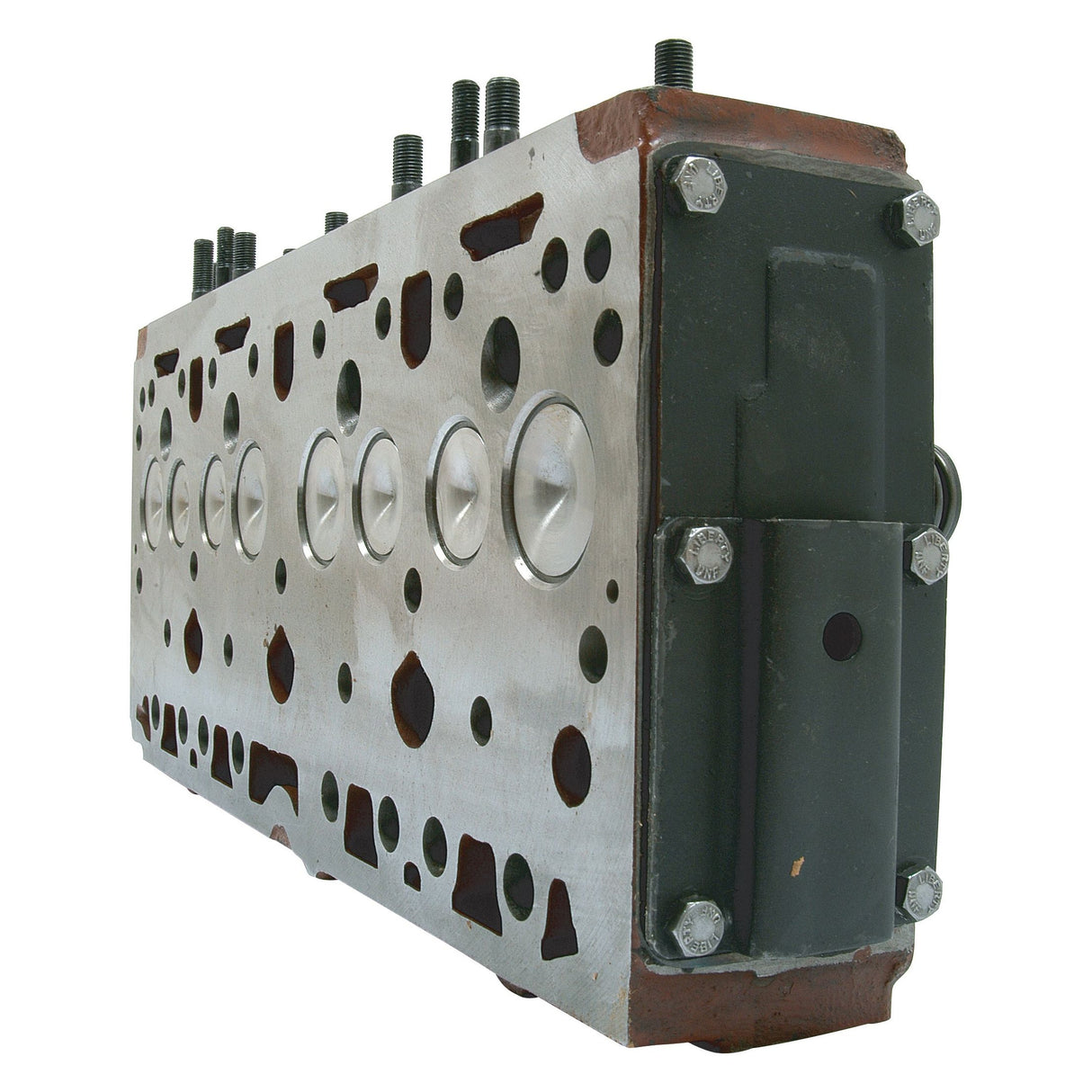 Cylinder Head Assembly - S.42496 by Sparex, showcasing multiple valves and springs along with bolt holes, featuring a rectangular and symmetrical structure.