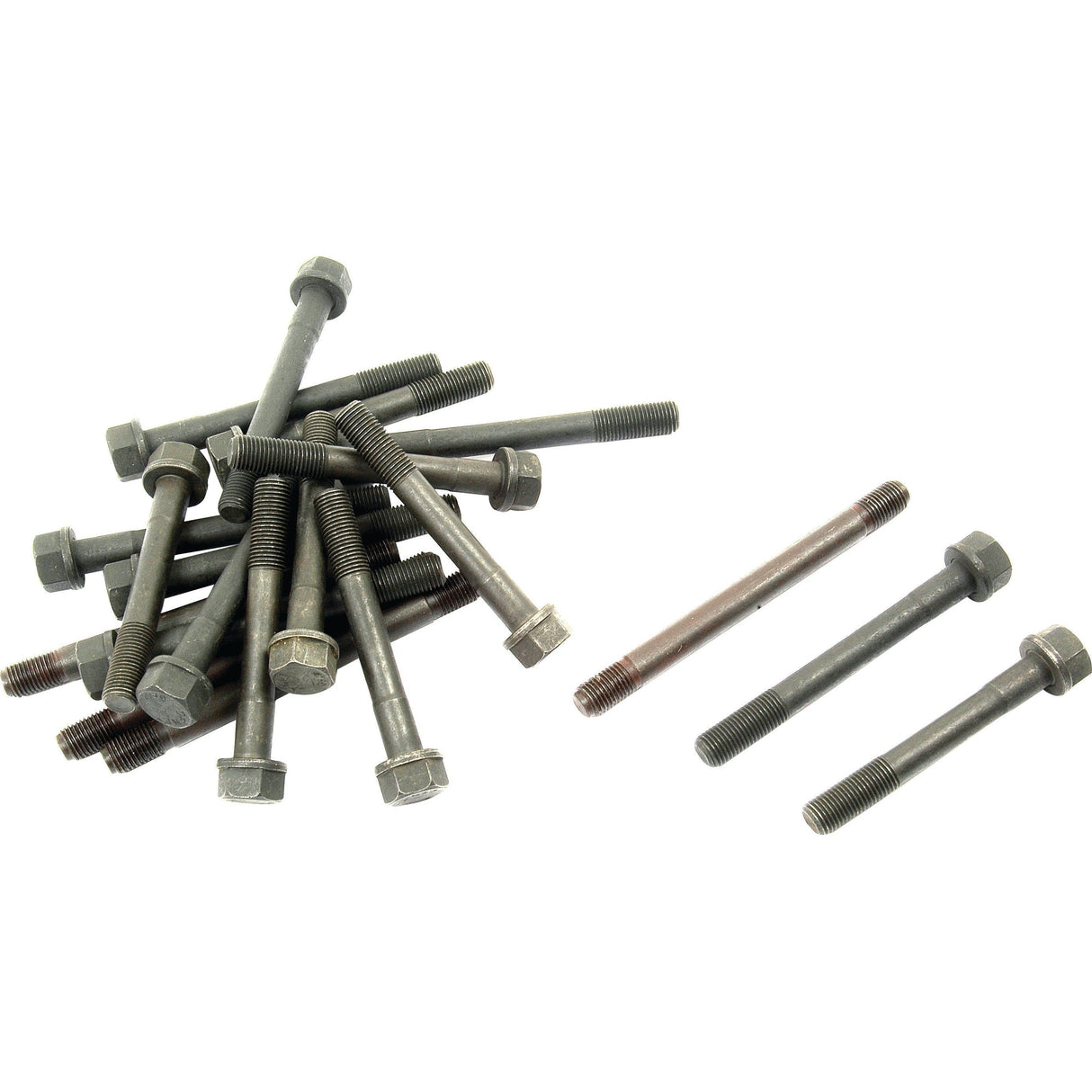 A group of metal hex bolts from the Cylinder Head Stud Kit - S.43676 by Sparex, ideal for Perkins engines, is piled on the left, while three hex bolts are separately arranged on the right.