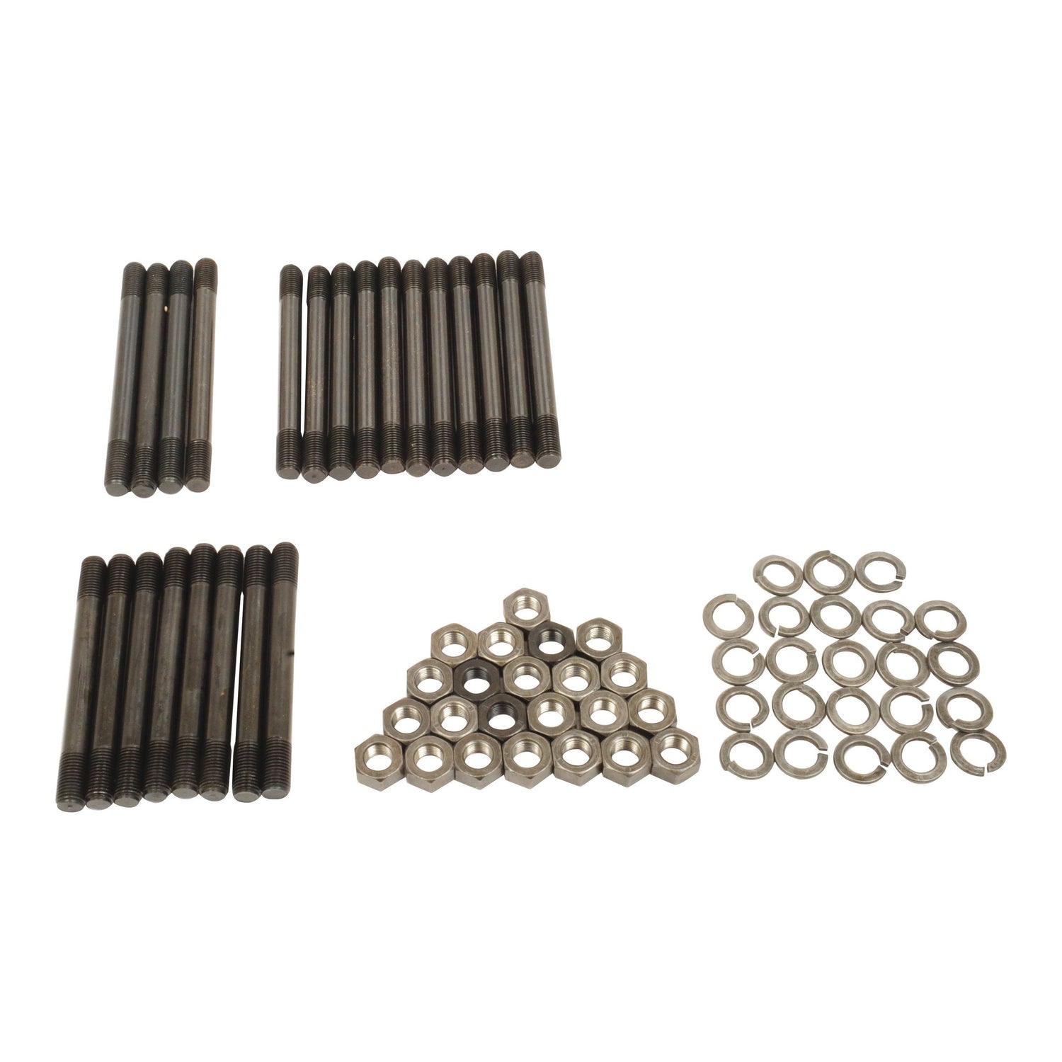 The Sparex Cylinder Head Stud Kit (S.43677) includes four groups of cylindrical rods, a cluster of hex nuts, and a collection of washers from a Massey Ferguson AD4.203 Perkins Engine, all arranged on a white background.