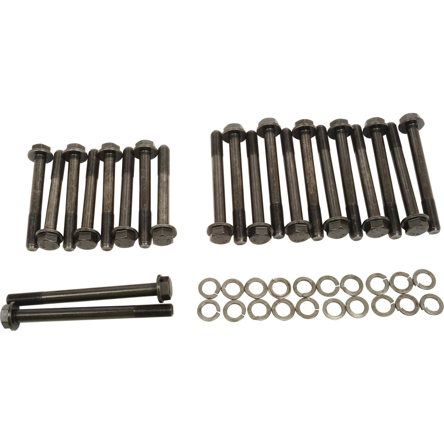The Cylinder Head Stud Kit - S.43679 by Sparex, featuring various sizes of bolts and washers ideal for any reputable engine manufacturer, is arranged in groups on a white background.