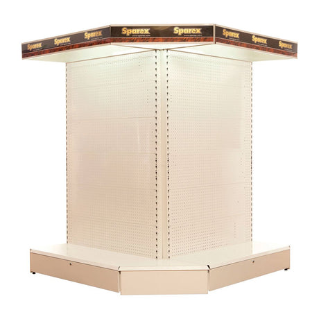 Hexagonal external corner display stand, Sparex Part No.S.25940, with "Sparex" branding on the top section and a sturdy base shelf.