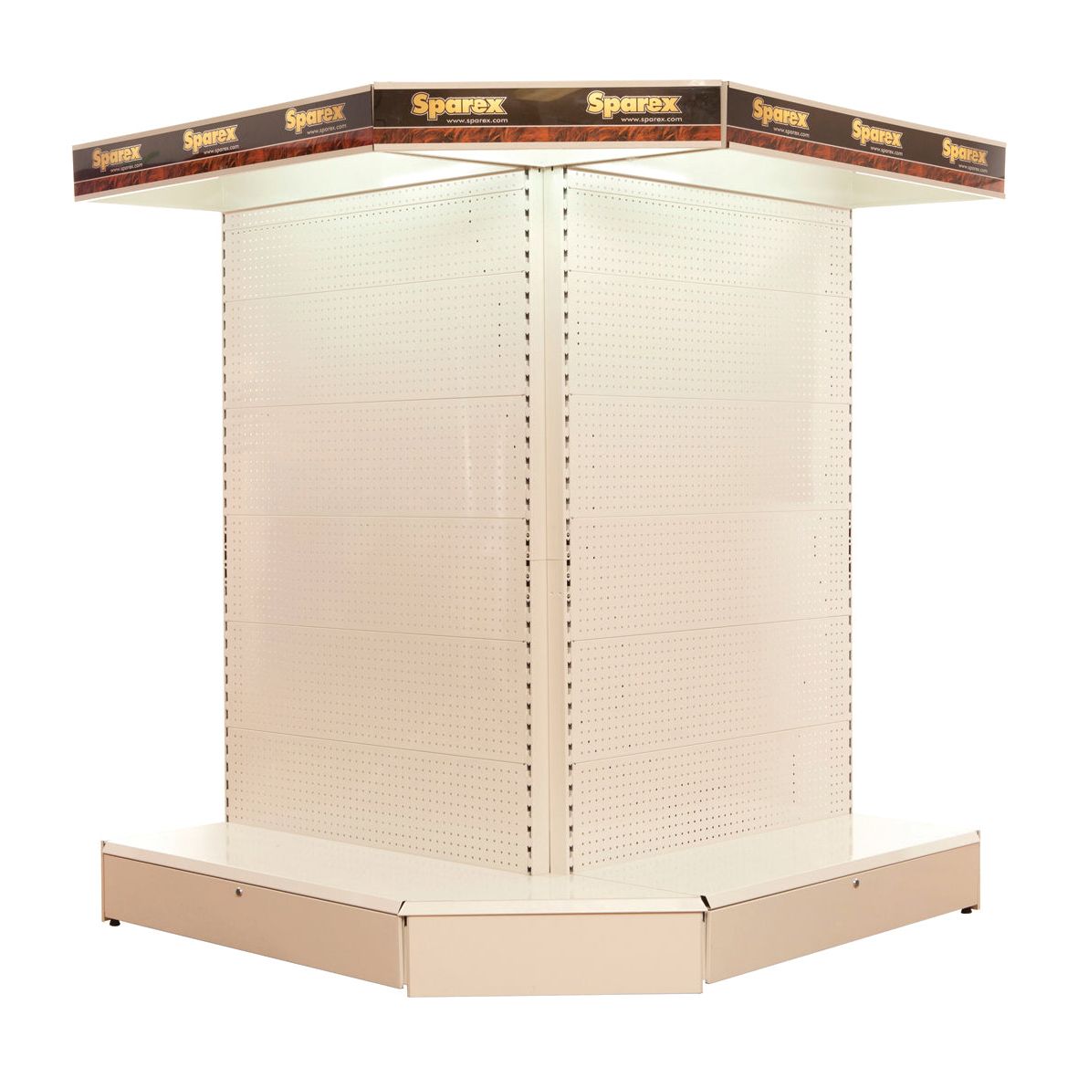 A beige, 2.1M high retail display stand with four sides and a base shelf, branded with "Sparex" at the top edges, officially named DISPLAY STAND-EXTERNAL CORNER (Sparex Part No.S.25940).