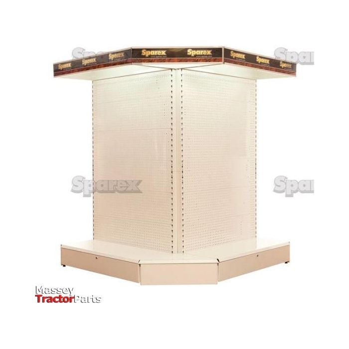 A large, empty, V-shaped display rack with "Sparex" branding on all sides and a "Massey Tractor Parts" logo at the base shelf, complemented by white illuminated external corner units (DISPLAY STAND-EXTERNAL CORNER | Sparex Part No. S.25940).