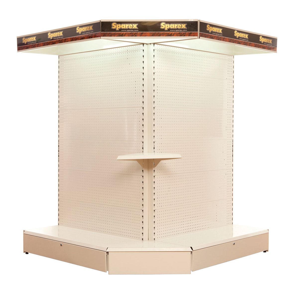 A beige, multi-sided retail display stand, 2.1 meters high, featuring a small base shelf in the center and "Sparex" branding on the top edge, identified as DISPLAY STAND-EXTERNAL CORNER with Sparex Part No.S.25940.