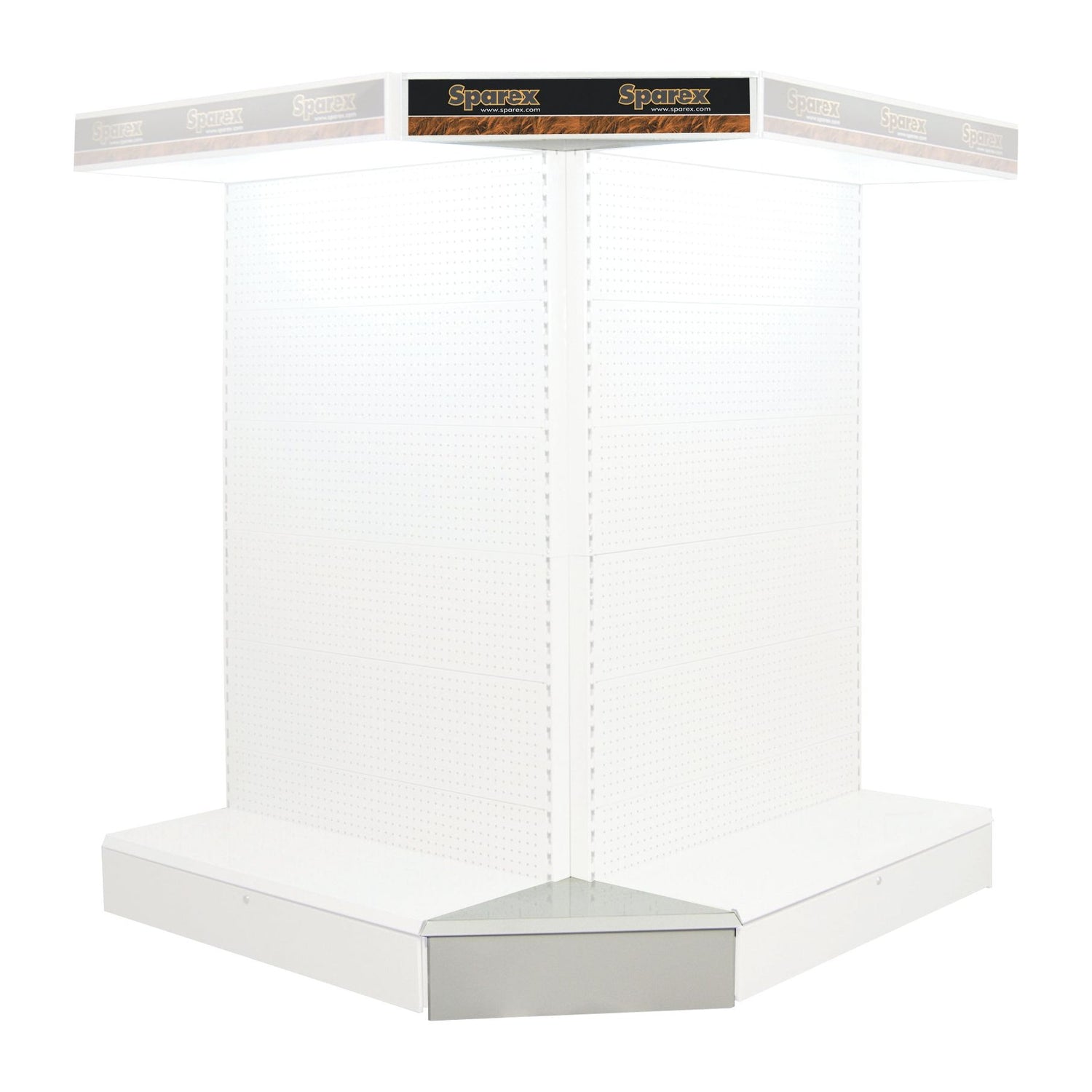 White DISPLAY STAND-EXTERNAL CORNER featuring a base shelf and empty spaces, standing at 2.1M high, with a sign labeled "Sparex" on top (Sparex Part No.S.25940).