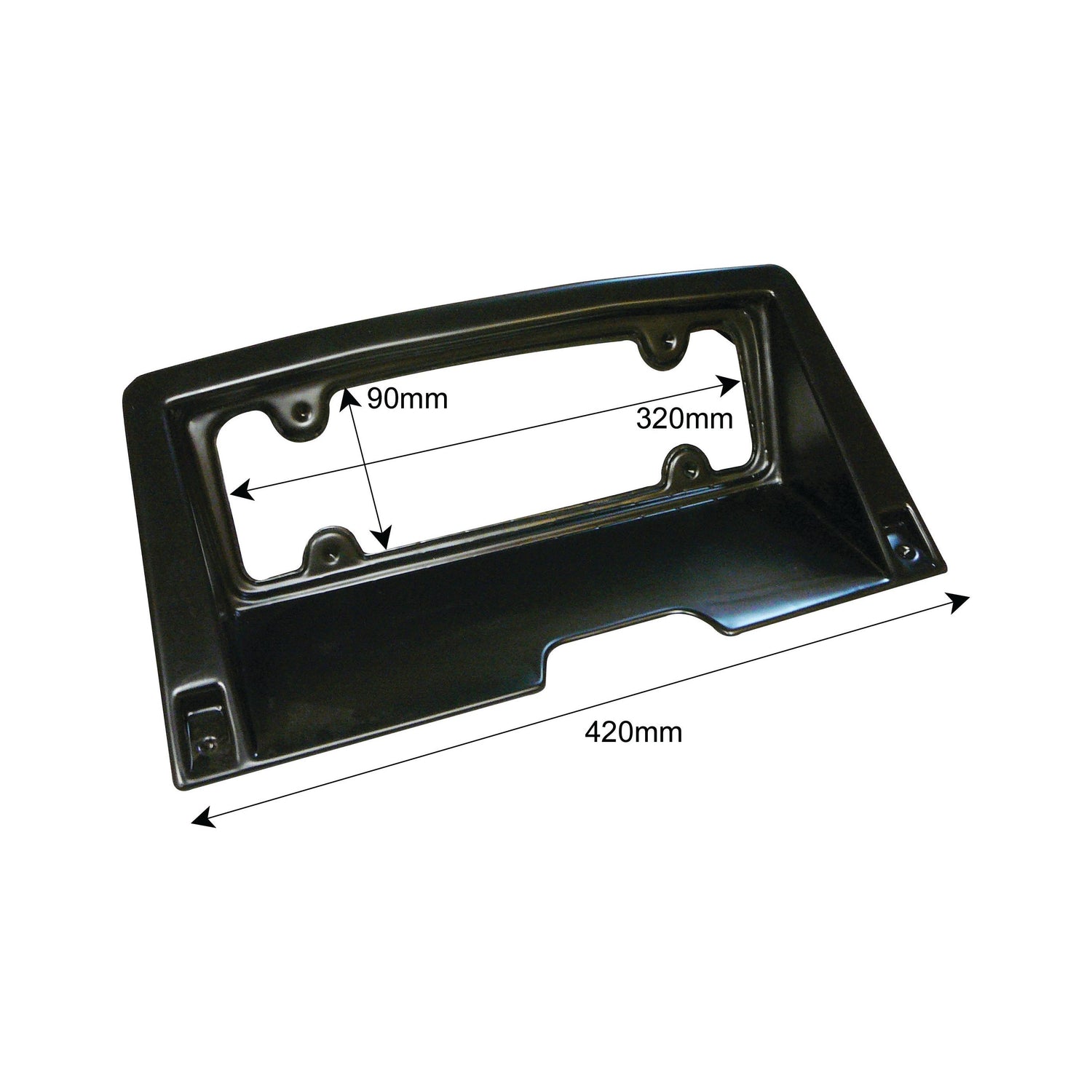 The Dash Panel, identified as Sparex Part No.S.67269 from Sparex, is a black rectangular license plate holder designed for Long Tractor models, featuring dimensions of 420mm in width, 90mm height between screw holes, and 320mm between horizontal screw holes.