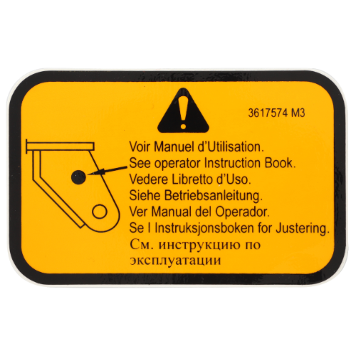 This yellow Massey Ferguson - Decal - 3617574M3, branded by AGCO, features a caution symbol and instructs users in multiple languages to refer to the operator's manual for Massey Ferguson tractor models.