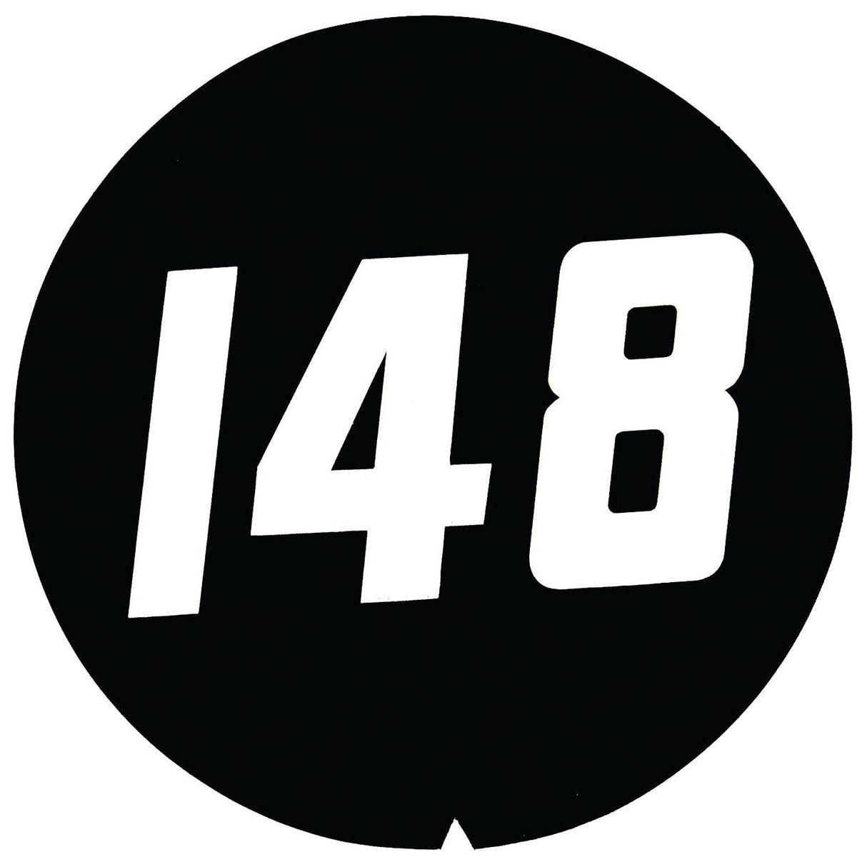 A black circle decal, branded by Sparex, featuring the number 148 in bold white letters, reminiscent of Massey Ferguson branding. The product name is "Decal - Massey Ferguson 148 | Sparex Part No.S.42249.