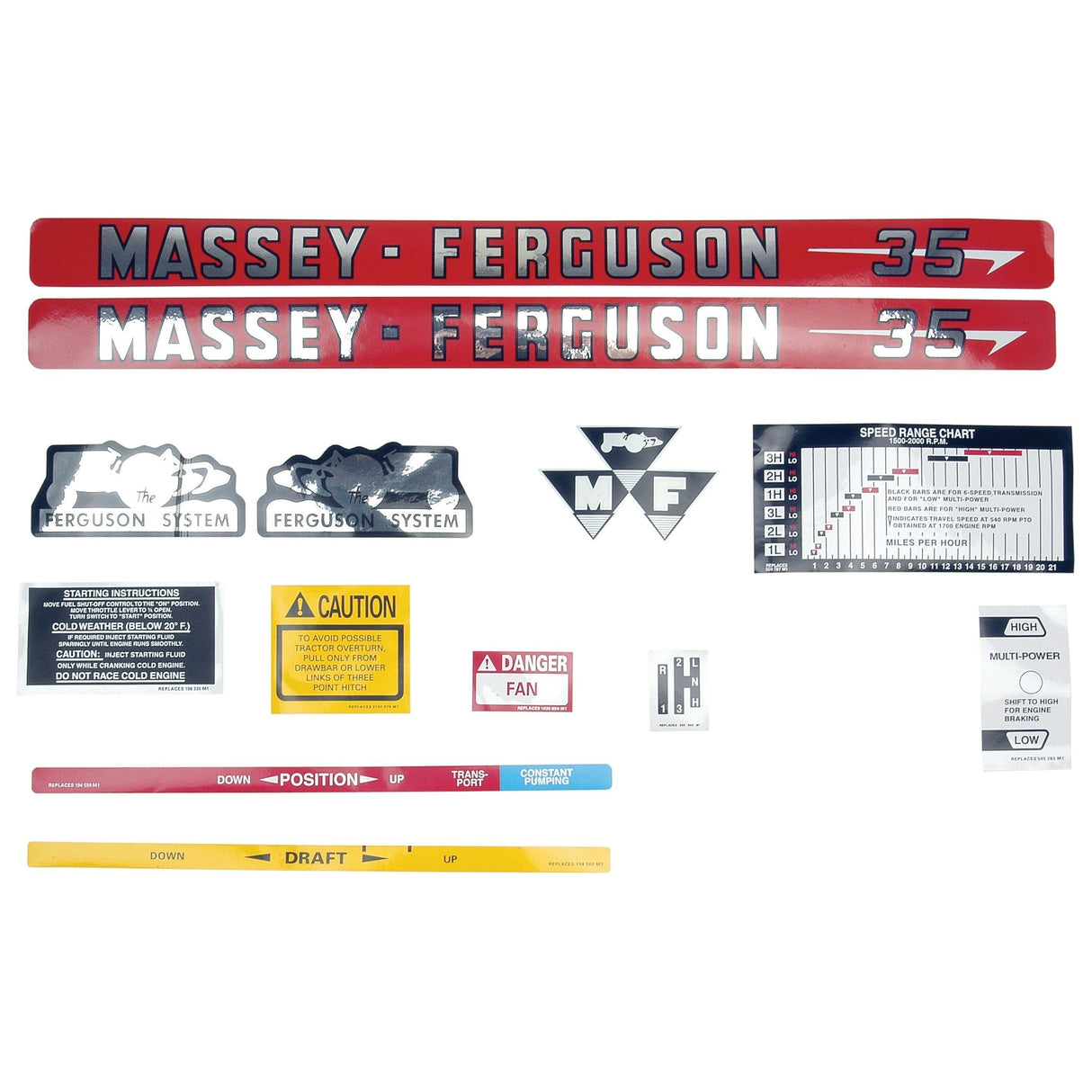 The Decal Set - Massey Ferguson 35 | Sparex Part No.S.60007 by Sparex includes various decals such as brand names, caution labels, operational instructions, and a speed range chart arranged on a white background. This comprehensive set ensures your Massey Ferguson 35 tractor maintains its authentic look.