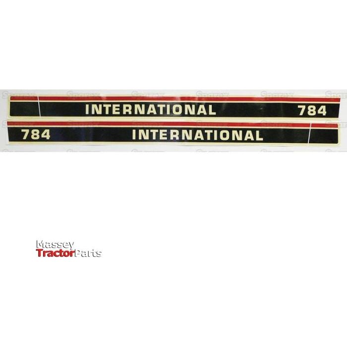Two decals from the "Decal Set - Case IH / International Harvester IH 784 | Sparex Part No. S.67758" are displayed horizontally in black, white, and red. A logo for Massey Tractor Parts is visible in the bottom left corner, perfectly complementing your International Harvester collection with genuine Sparex parts.