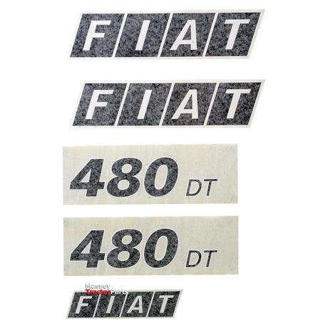 Introducing the Sparex Decal Set - Fiatagri 480DT (Sparex Part No. S.53357), featuring elegant stickers with "FIATagri 480DT" in black and white letters, and bold "480 DT" in striking black numbers on a pristine white background.