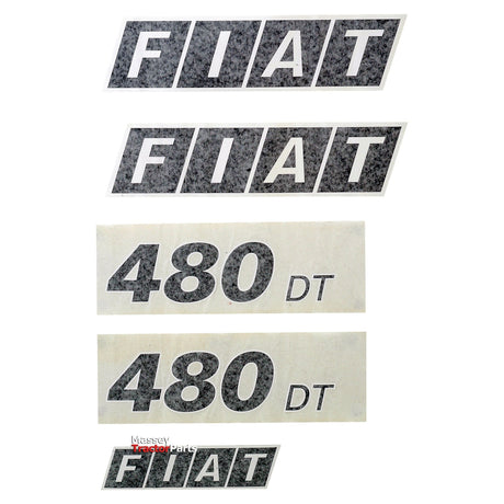 The Decal Set - Fiatagri 480DT (Sparex Part No.S.53357) by Sparex is displayed in various orientations on a white background.