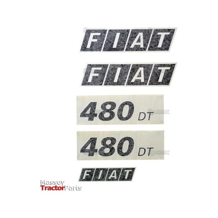 The Sparex Decal Set for Fiatagri 480DT (Sparex Part No. S.53357) includes black and white decals with "FIAT" and "480 DT" text, some of which are on adhesive backing sheets. The "Massey Tractor Parts" logo in red and black is prominently displayed at the bottom left corner. This comprehensive set ensures a perfect finish for your Fiat 480 restoration project.