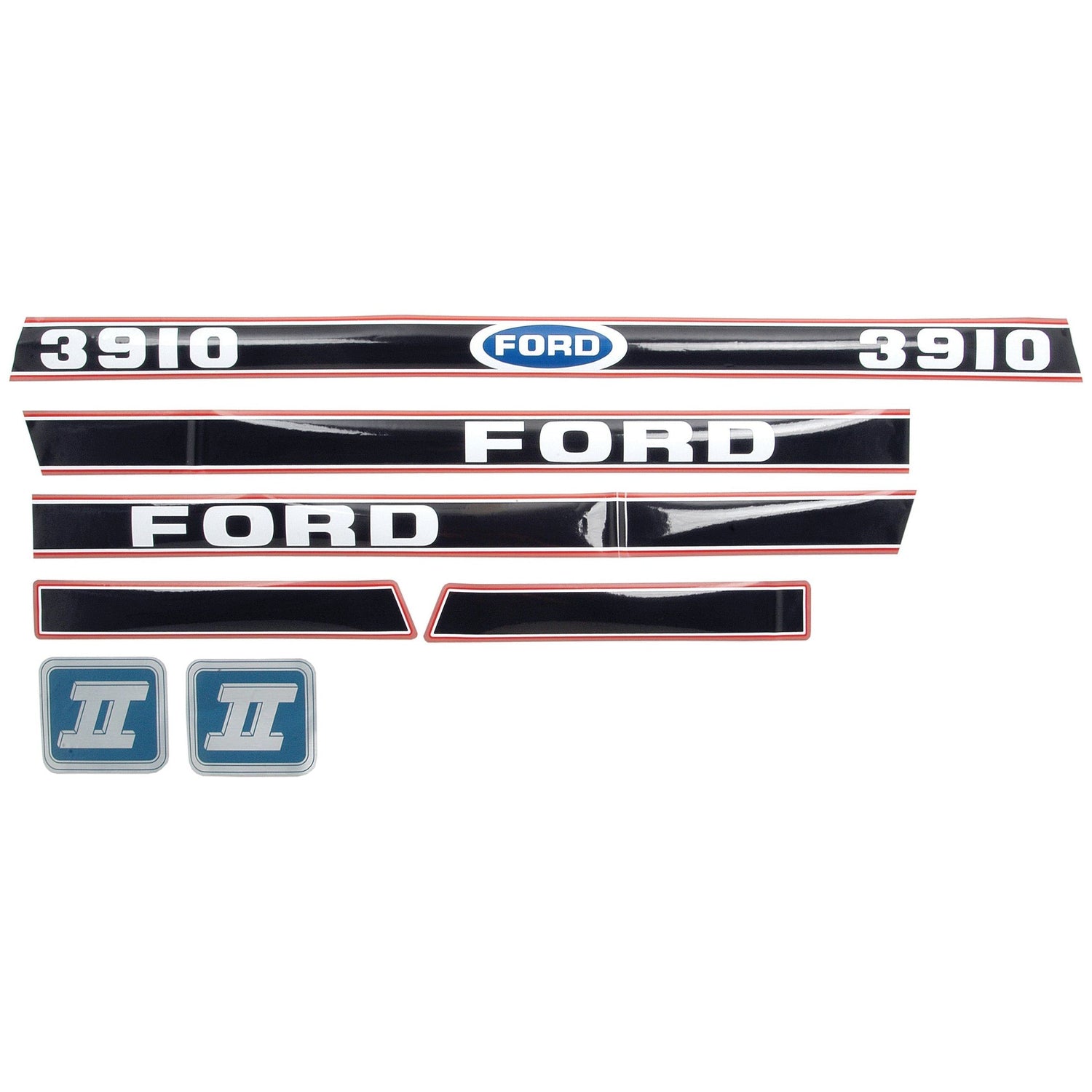 Image of a Decal Set for Ford / New Holland 3910 Force II tractors, including "3910" numbers, "FORD" lettering, and two blue "II" emblems. This premium Sparex S.12104 decal set perfectly replicates the original markings for restoration projects.
