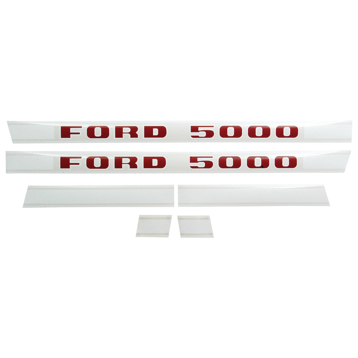 White decals with "FORD 5000" in red lettering, featuring two longer strips and several smaller sections arranged underneath. Ideal for Ford New Holland 5000, this Decal Set (Sparex Part No. S.8412) is a quality tractor part from Sparex.