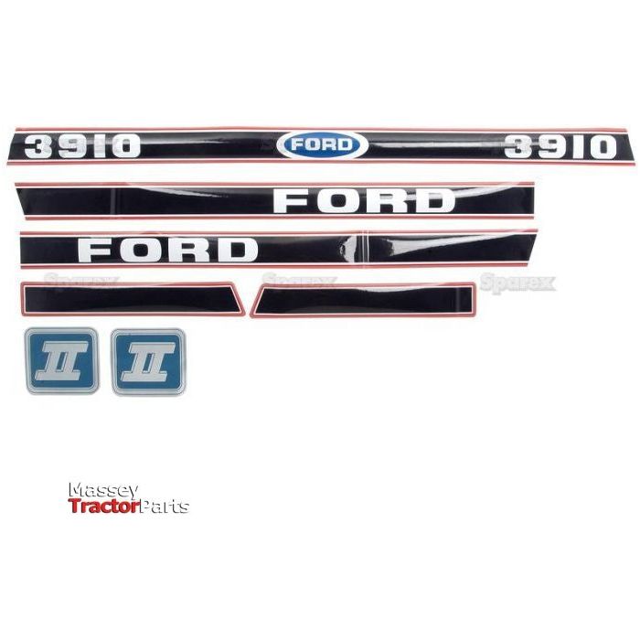 Decal Set for a Ford New Holland 3910 tractor from Sparex (Part No. S.12104), including multiple "FORD" and numerical decals, one blue oval Ford logo, and two blue squares with "II". This comprehensive Sparex sticker kit ensures your tractor retains its original appearance.