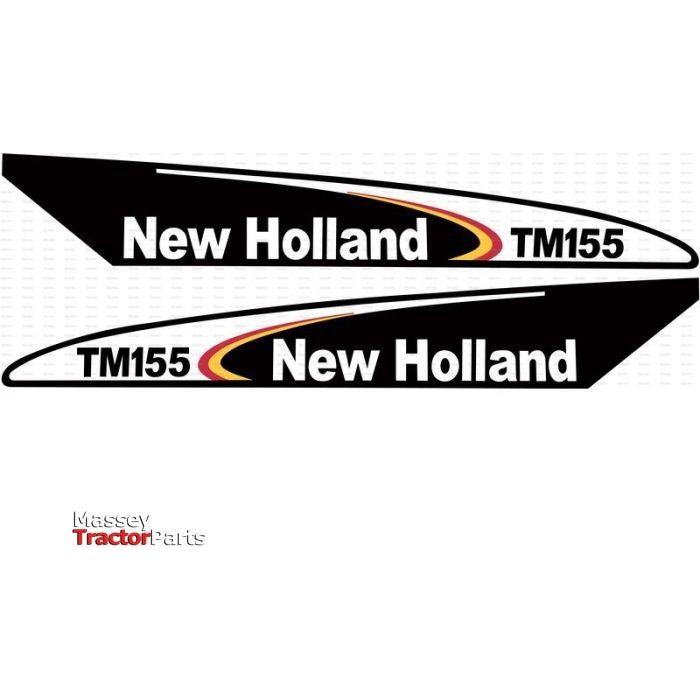 White background with a Decal Set featuring two New Holland tractor decals, each displaying the curved text "Ford New Holland TM155." The logo of "Sparex," the brand for Decal Set - Ford / New Holland TM155 | Sparex Part No.S.128823, is in the lower left corner.