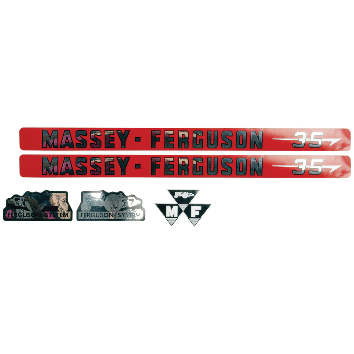 The Decal Set - Massey Ferguson 35 by Sparex (Sparex Part No.S.41177) includes Massey Ferguson decals and badges, featuring two red "Massey Ferguson 35" labels, two grey "Ferguson System" emblems, and two triangular MF logos.