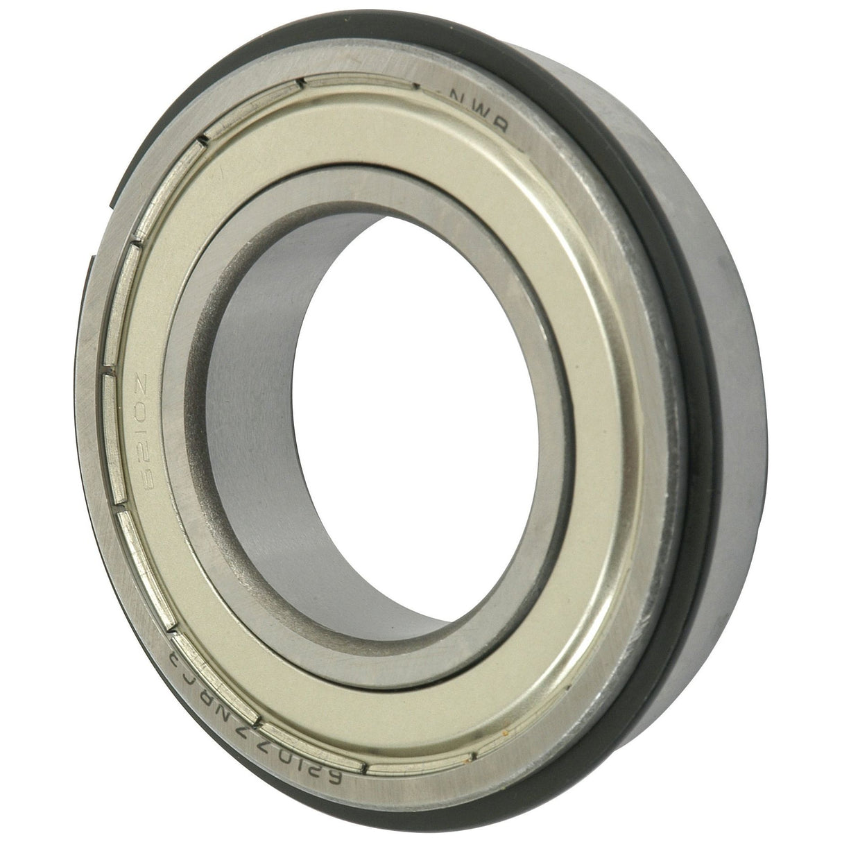 The Sparex Deep Groove Ball Bearing (6210ZZNRC3) - S.40785 features an inner and outer ring with a series of metal balls in between. The sturdy outer ring is marked with embossed text, characteristic of high-quality metric bearings typical in Massey Ferguson machinery.