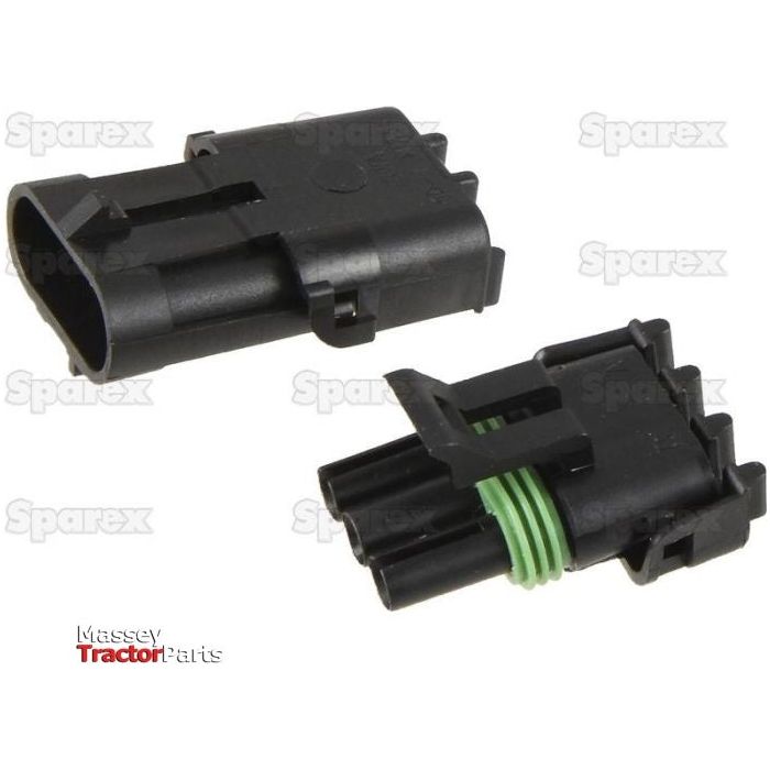 Two black plastic Delphi Weather 3 Pole Refill electrical connectors, one male and one female, with green seals are placed against a plain white background. The image features the "Sparex" brand watermark and the "Massey Tractor Parts" logo.