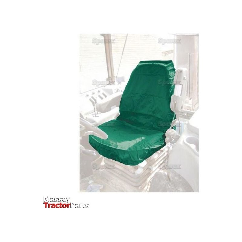 A Deluxe Seat Cover from Sparex, designed for tractors and plants with a universal fit (Part No. S.71830), is placed on a tractor seat inside the cab. The text "Sparex" and "Massey Tractor Parts" are visible in the image, emphasizing its versatility and perfect fit.