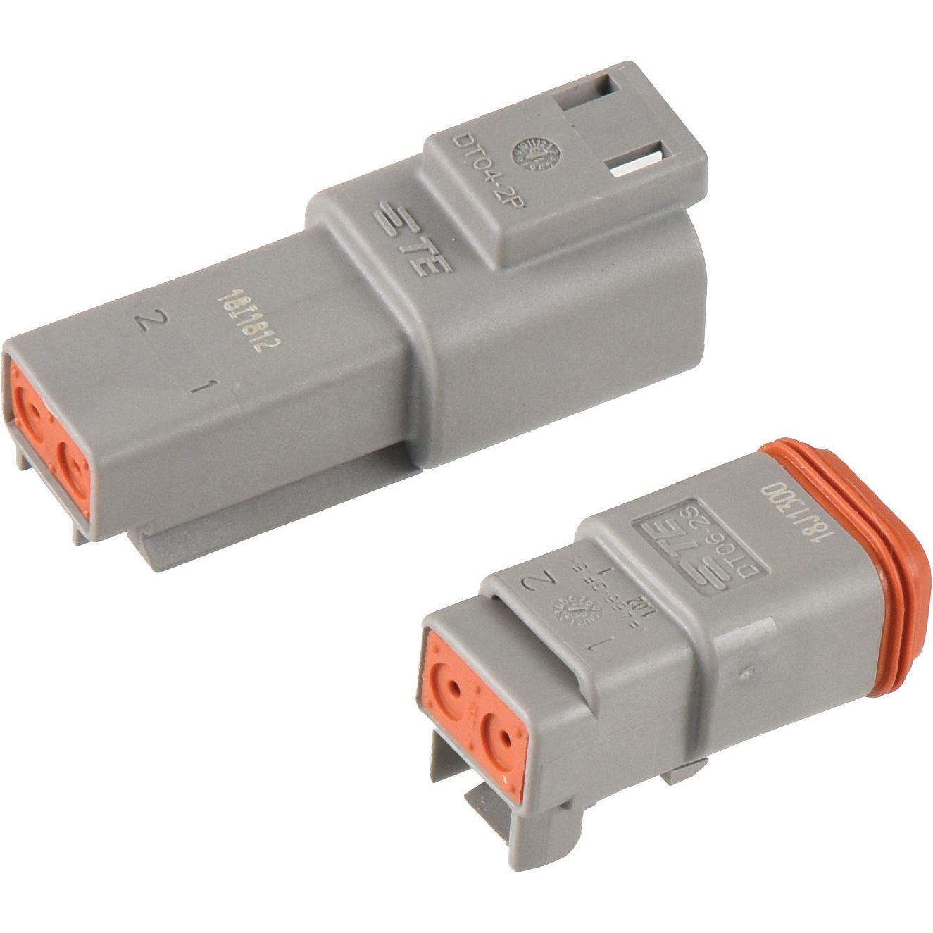 Two grey electrical connectors with orange seals, including one larger connector and one smaller connector, are shown against a white background. This Deutsch DT Connector 2 Pole set from Sparex (10 pcs. per bag) - S.153142 is ideal for various applications and meets OEM Ref standards, ensuring quality and compatibility.