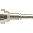 Close-up of a Sparex Dicsa 1/2'' x 31.8mm metal hose barb connector, featuring a straight flange on one end and a ribbed, tapered design at the other for fitting hoses, capable of withstanding pressures up to 6000psi (Sparex Part No.S.116948).