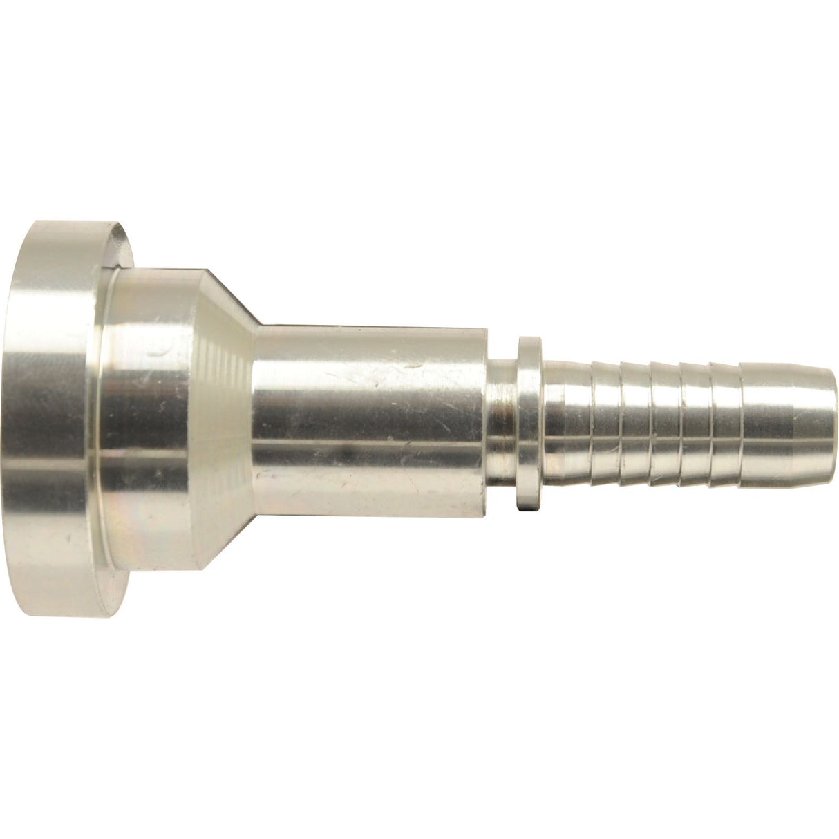 Close-up of a Sparex Dicsa 1/2'' x 31.8mm metal hose barb connector, featuring a straight flange on one end and a ribbed, tapered design at the other for fitting hoses, capable of withstanding pressures up to 6000psi (Sparex Part No.S.116948).