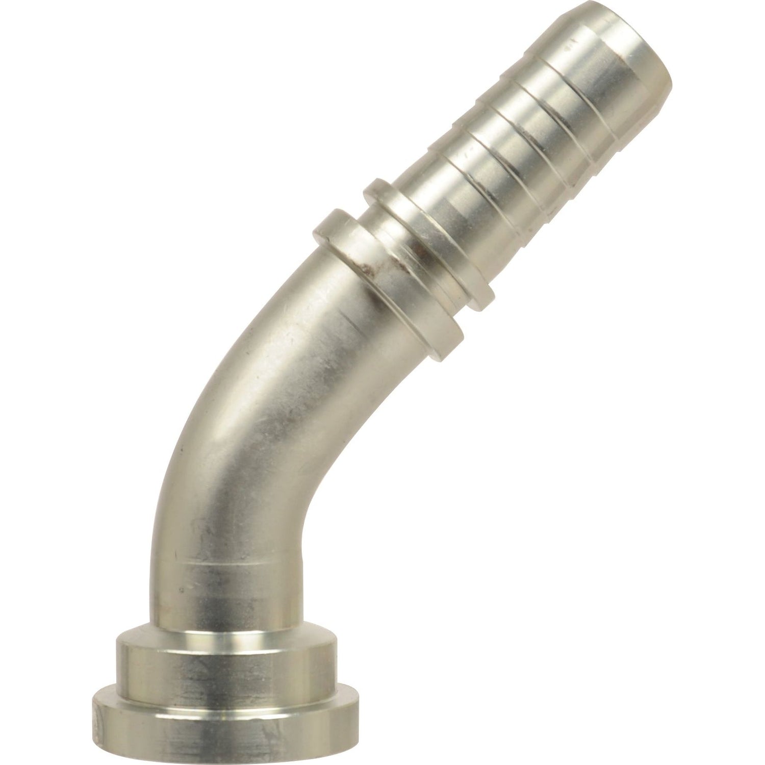 A Sparex Dicsa 3/4'' x 38.1mm 135-degree swept flange (3000psi) hose barb fitting with ribbed grooves, featuring a silver steel construction.