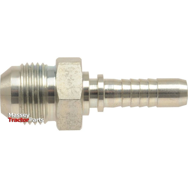 A Dicsa JIC 37° Hose Insert 1/2'' x 3/4'' Male Thread Straight, featuring a hexagonal nut, a barbed end, and labeled with "Massey Tractor Parts," is shown in the image. This product is available under the Sparex brand with Part No. S.53120.