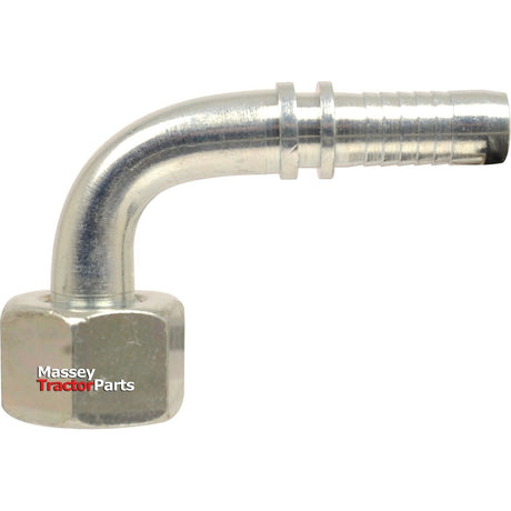 Close-up of a metal hose barb fitting with a hexagonal base on a white background, labeled "Sparex Massey Tractor Parts," featuring the Dicsa Metric 24° Hose Insert 1'' x M36 x 2 (25S) Female Thread 90° Swept Swivel With O-Ring, Sparex Part No. S.116781.