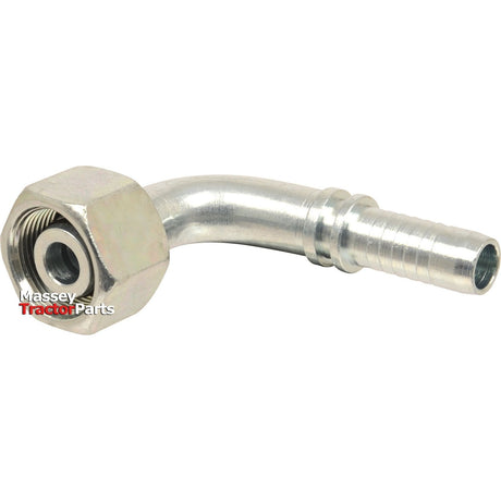 A metal hydraulic hose elbow fitting with a hexagonal end and a ridged connector, featuring a 90° swept swivel, branded as Sparex and labeled "Dicsa Metric 24° Hose Insert 5/16'' x M18 x 1.5 (12L) Female Thread 90° Swept Swivel With O-Ring | Sparex Part No.S.116770".