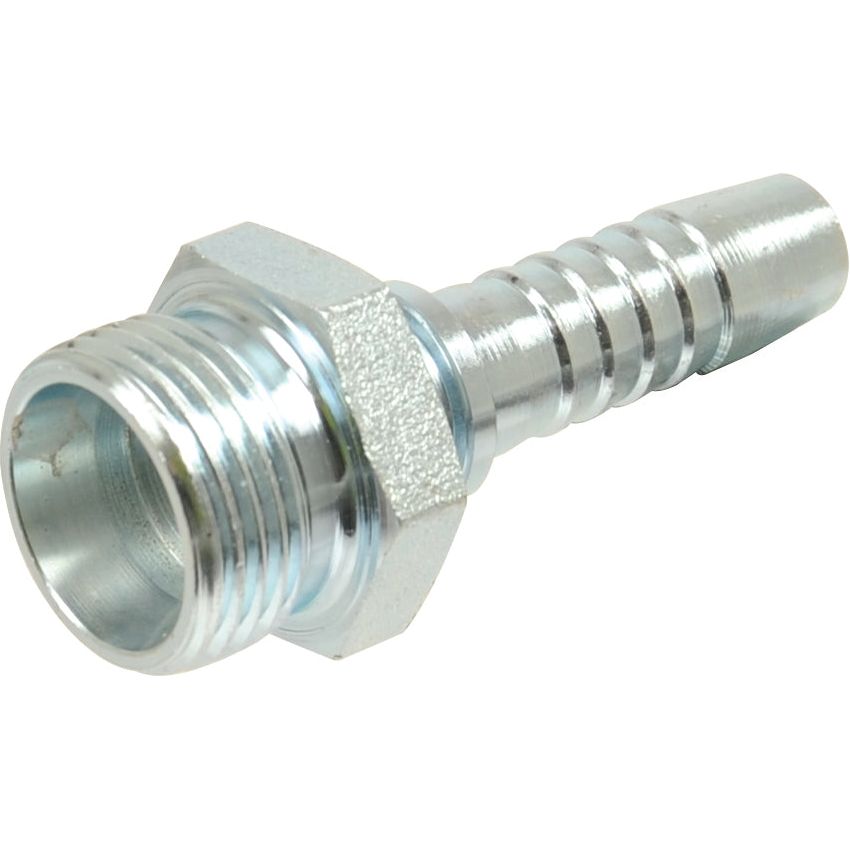 Close-up of the Sparex Dicsa Metric (French Gas) 24° Hose Insert, which showcases a metallic hose barb fitting with an M30 x 1.5 male thread, a secure 24° hose insert attachment, and a hex nut. The fitting appears to be made of steel with a silver finish.