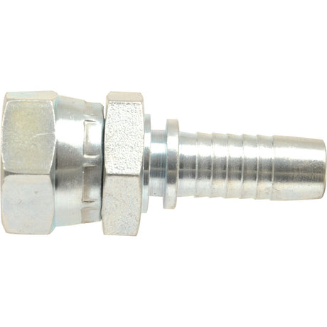 The Sparex Dicsa Metric (Komatsu) 60° Hose Insert, model S.116922, is a metallic hydraulic hose fitting with a hexagonal nut and a ribbed hose connector end. It features an M22 x 1.5 Female Thread and uses a barbed fitting for secure attachment in applications involving a 1/2'' hose.