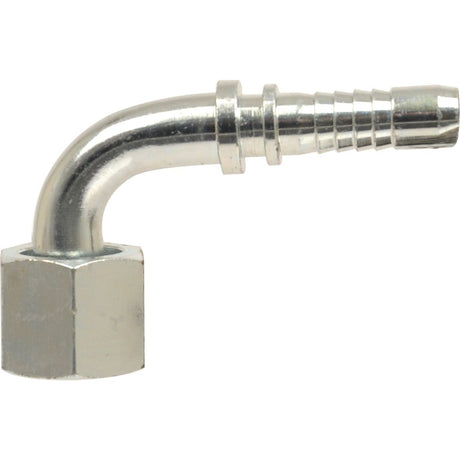 The Dicsa ORFS Hose Insert 1/4'' x 9/16'' Female Thread 90° Swept Swivel, Sparex Part No. S.28851, is an L-shaped metal hose fitting that includes a threaded end and a ribbed hose barb end for secure connections, featuring a swept swivel and female thread for enhanced stability.