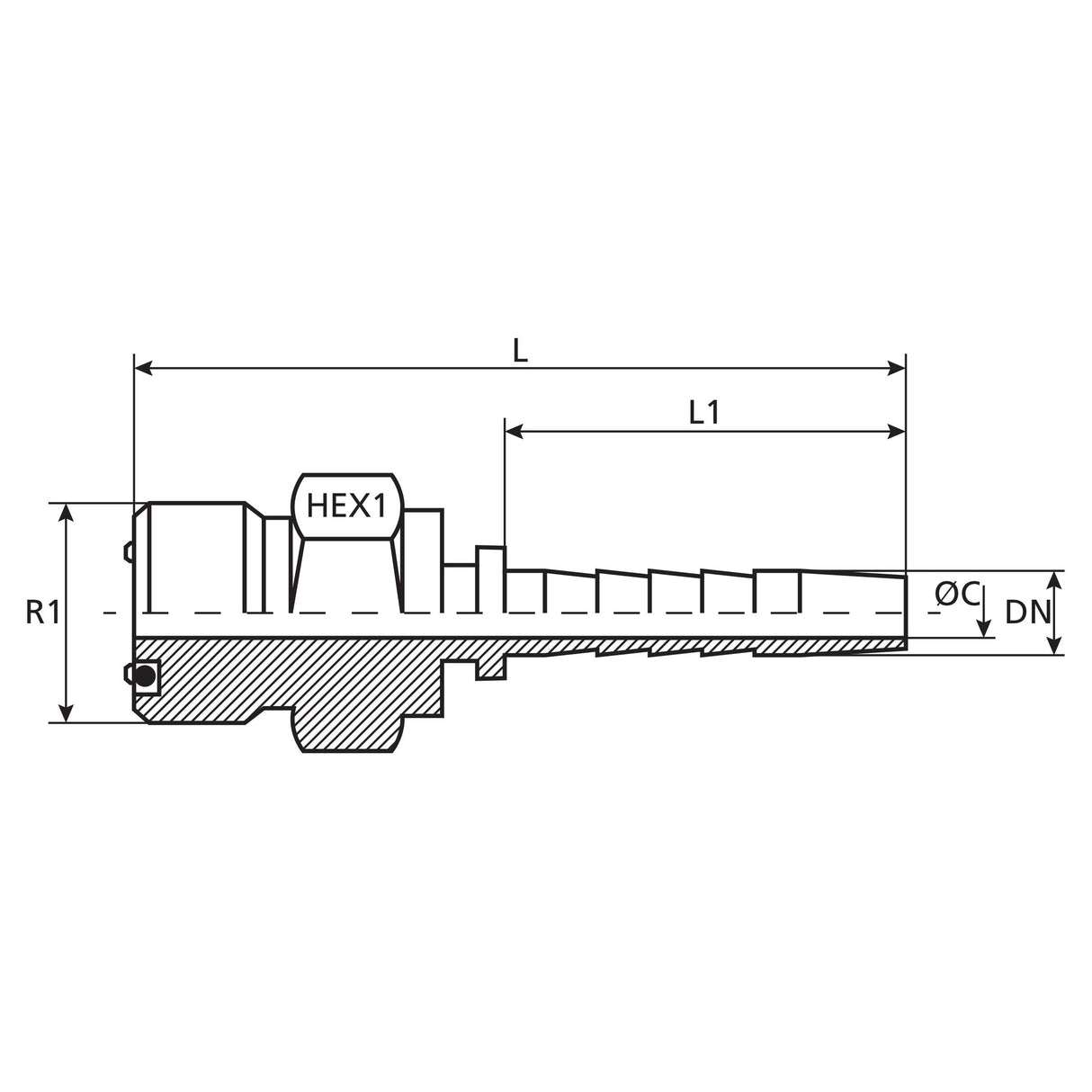 Technical drawing of a cylindrical mechanical part with various labeled dimensions including L, L1, R1, HEX1, ØC, and DN. The image shows a cross-sectional view of the Dicsa ORFS Hose Insert 5/16'' x 11/16'' Male Thread Straight (Sparex Part No.S.28726) by Sparex with detailed measurements.