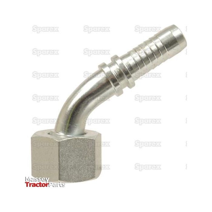 A metallic elbow hydraulic hose fitting with a hexagonal base and ribbed hose attachment end, identified as the Dicsa Metric 24° Hose Insert 1/2'' x M22 x 1.5 (15L) 135° Swept Swivel With O-Ring | Sparex Part No.S.53345. Set against a white background with faint "Sparex" and "Massey Tractor Parts" text repeated, this fitting ensures secure connections.