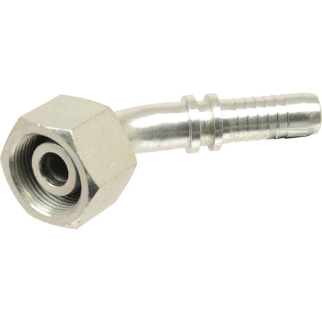 The Sparex Dicsa Metric 24° Hose Insert, part number S.53346, features a 5/8'' barbed connector on one end and a M26 x 1.5 threaded hexagonal nut with an O-ring on the other, making it ideal for connecting flexible hoses to threaded ports at a 135° angle.