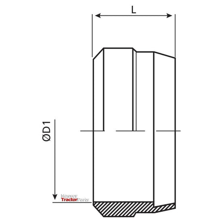 Technical drawing of an object with dimensions labeled as L and ØD1, featuring angular and cylindrical features. The drawing includes a cross-sectional view with the label "Sparex" and showcases elements from the Dicsa Metric Olive 15L | Sparex Part No.S.116841 for precision fittings.