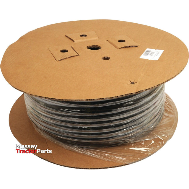 A large spool of black hose wrapped in plastic with brown cardboard ends, labeled "Sparex" and marked with "Dicsa Trale Hydraulic Hose - 1/4'' 2SN 2 Wire Standard (Cardboard Reel) | Sparex Part No.S.114312" for maximum working pressure.