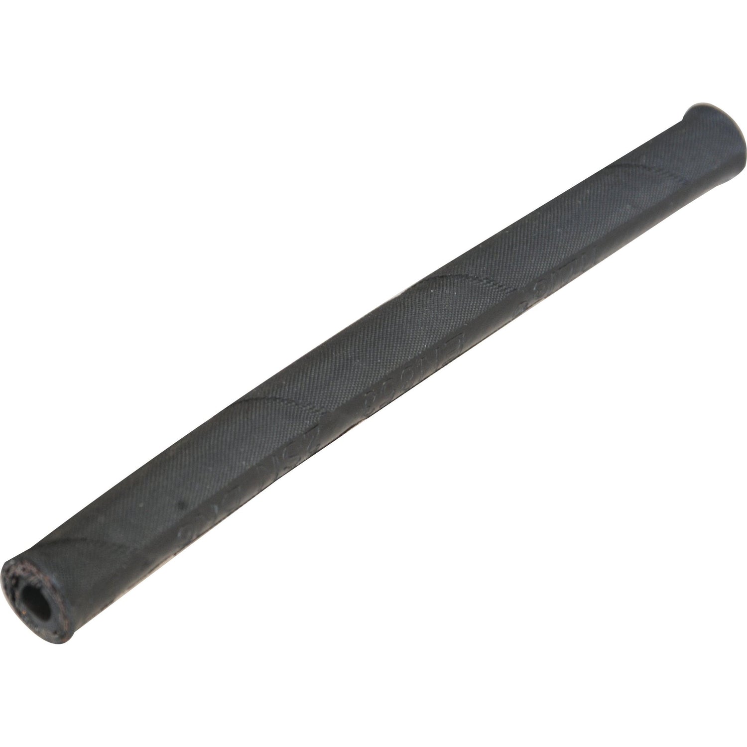 The Sparex Dicsa Trale Hydraulic Hose - 5/16'' 2SN 2 Wire Standard (Cardboard Reel) is a black rubber hose with a textured surface, cylindrical in shape and slightly tapered at one end, designed to meet maximum working pressure standards.