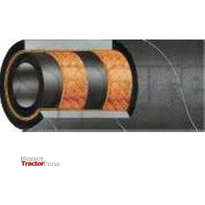 A close-up cross-sectional view of the Sparex Dicsa Trale Hydraulic Hose - 1/2'' 2SN 2 Wire Standard (Roll) reveals multiple layers, including an orange inner layer and a black outer layer, compliant with SAE100 R2AT standards. The Massey Tractor Parts logo is visible in the bottom left corner.