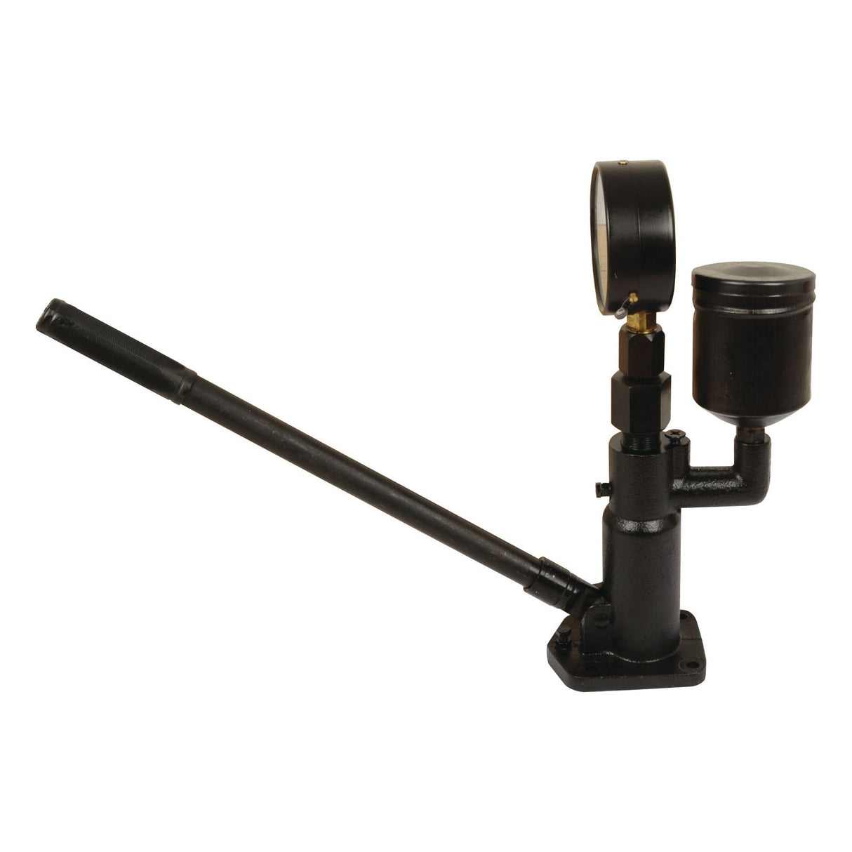 The Diesel Injector Tester - S.26266 by Sparex is a black manual hydraulic pump featuring a lever, high-pressure gauge, and fluid reservoir attached to a base; ideal for use as an injector tester.