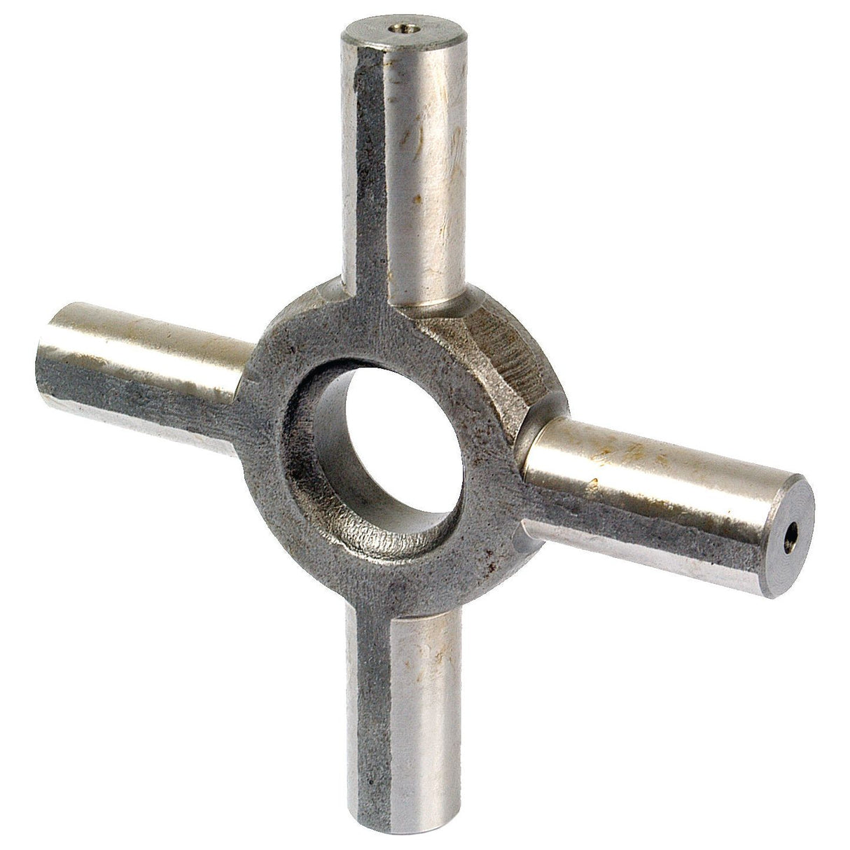A shiny metal cross-shaped gear with a central circular opening and four cylindrical arms extending outward, reminiscent of the robust Differential Spider by Sparex (Part No. S.42022).