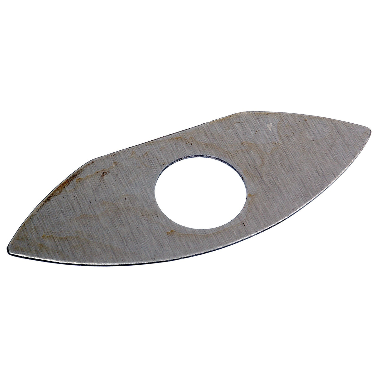 A Differential Washer, identified by Sparex Part No. S.73571 and produced under the Sparex brand, is a metallic, eye-shaped component featuring a central circular hole that serves as a potential replacement part for utility tools. The surface exhibits signs of wear, similar to those found on parts used in Massey Ferguson machinery.